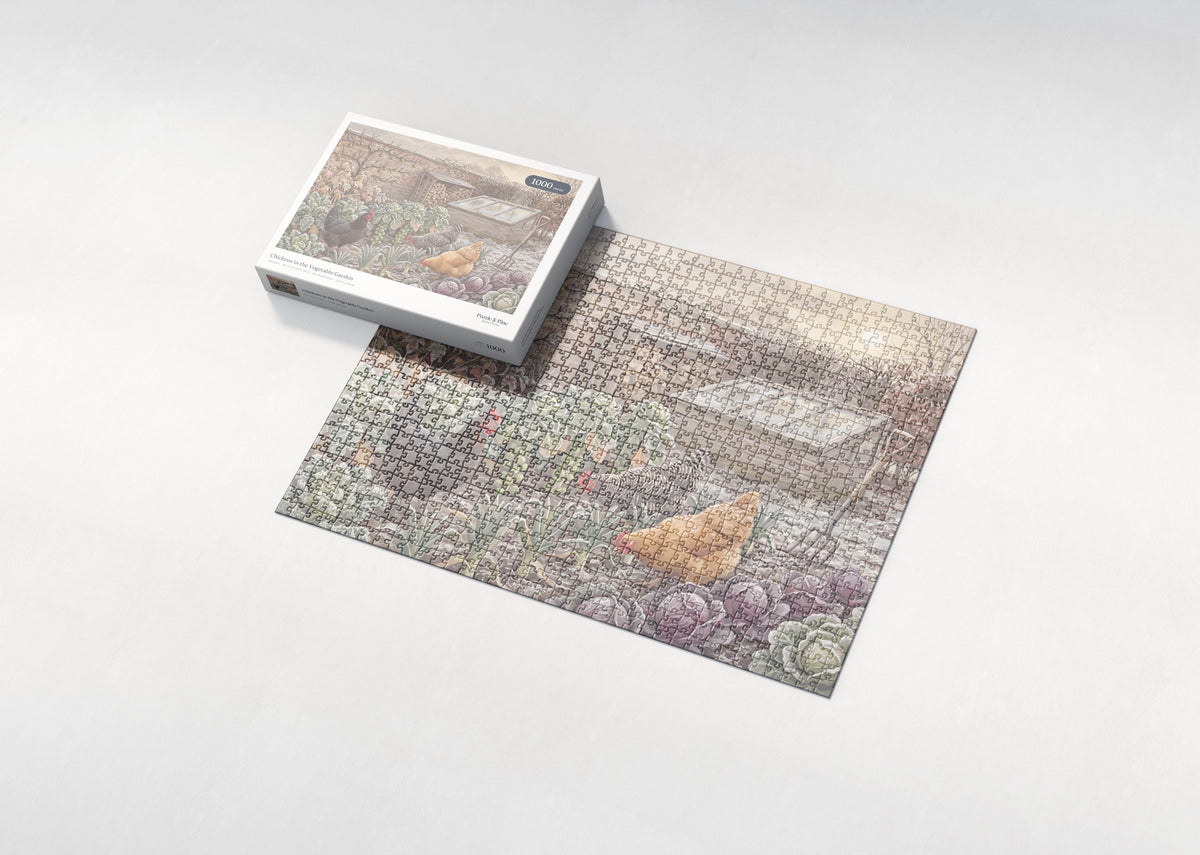 Chickens in the Vegetable Garden jigsaw puzzle - box and puzzle