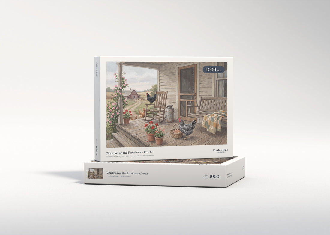 Chickens on the Farmhouse Porch jigsaw puzzle - gift box