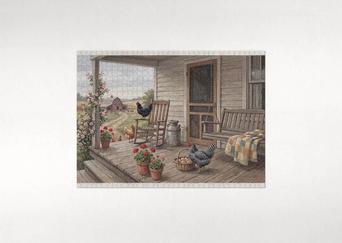 Chickens on the Farmhouse Porch jigsaw puzzle - gift box