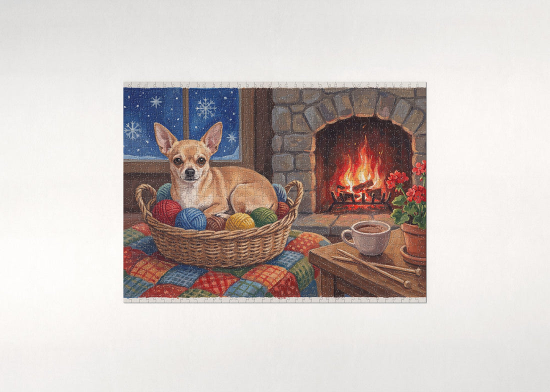 Chihuahua in the Knitting Basket by the Fire jigsaw puzzle - gift box