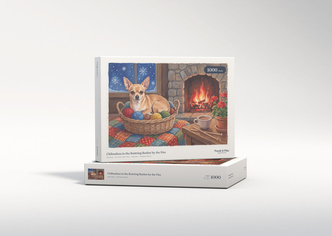 Chihuahua in the Knitting Basket by the Fire jigsaw puzzle - gift box