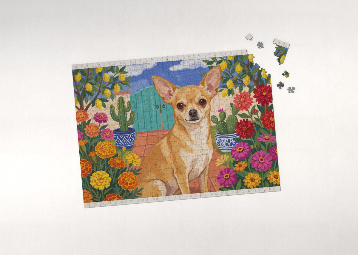 Chihuahua in the Marigold Garden jigsaw puzzle - puzzle with loose pieces