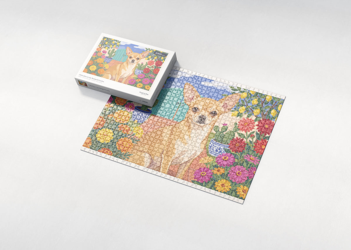 Chihuahua in the Marigold Garden jigsaw puzzle - box and puzzle