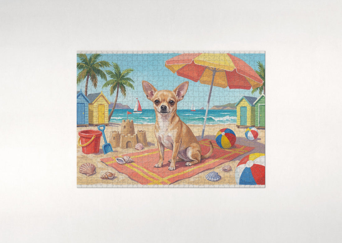 Chihuahua Under the Beach Umbrella jigsaw puzzle - gift box