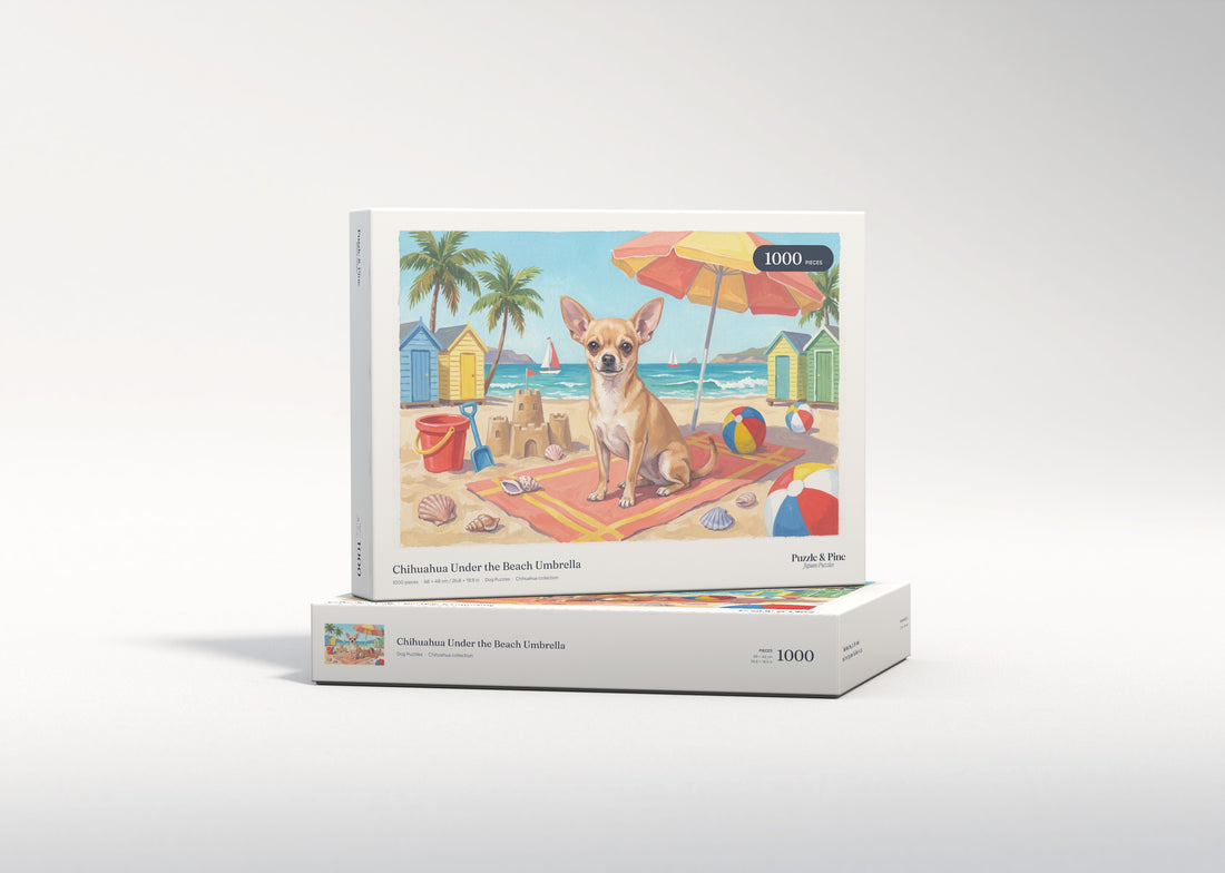 Chihuahua Under the Beach Umbrella jigsaw puzzle - gift box