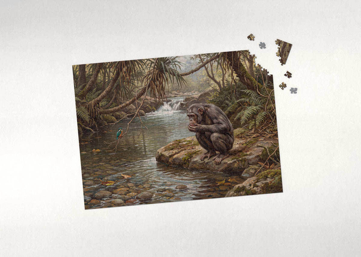 Chimpanzee at the Jungle Stream jigsaw puzzle - puzzle with loose pieces