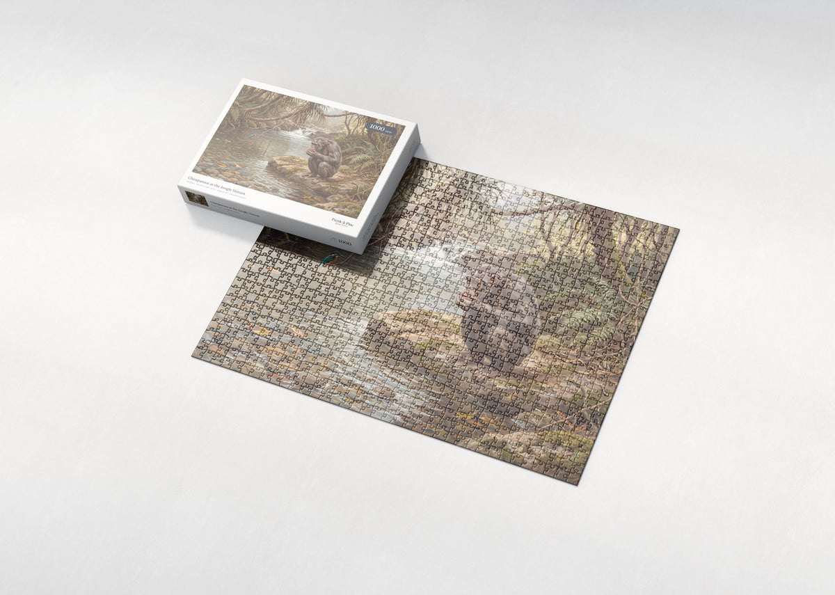 Chimpanzee at the Jungle Stream jigsaw puzzle - box and puzzle
