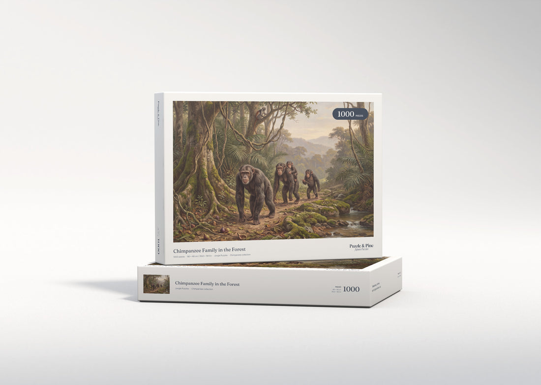 Chimpanzee Family in the Forest jigsaw puzzle - gift box