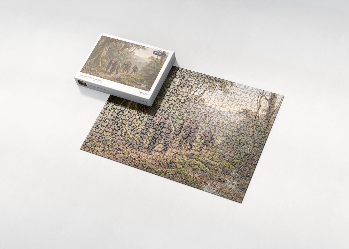 Chimpanzee Family in the Forest jigsaw puzzle - box and puzzle