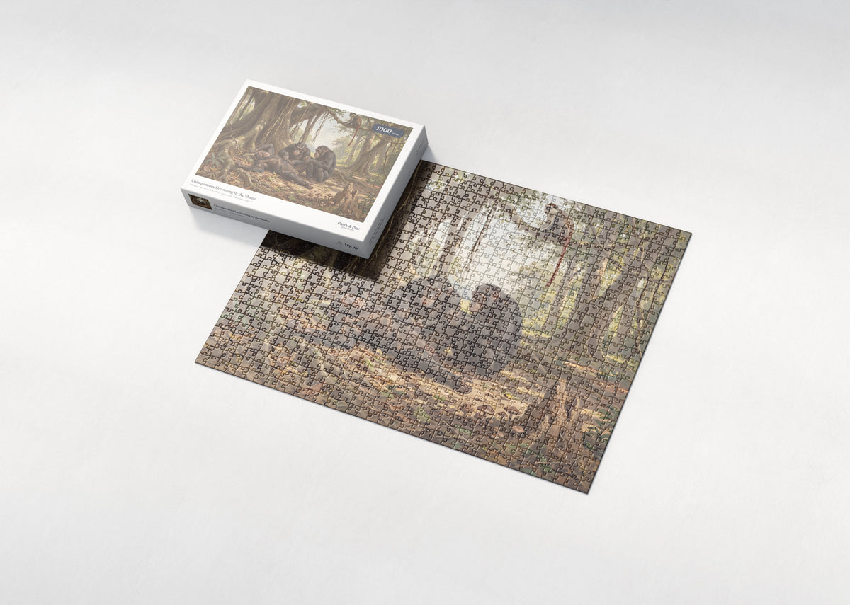 Chimpanzees Grooming in the Shade jigsaw puzzle - box and puzzle