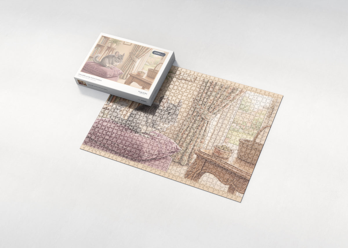 Chinchilla on the Velvet Cushion jigsaw puzzle - box and puzzle