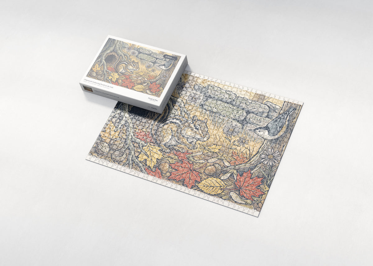 Chipmunk Gathering Seeds in the Fall jigsaw puzzle - box and puzzle