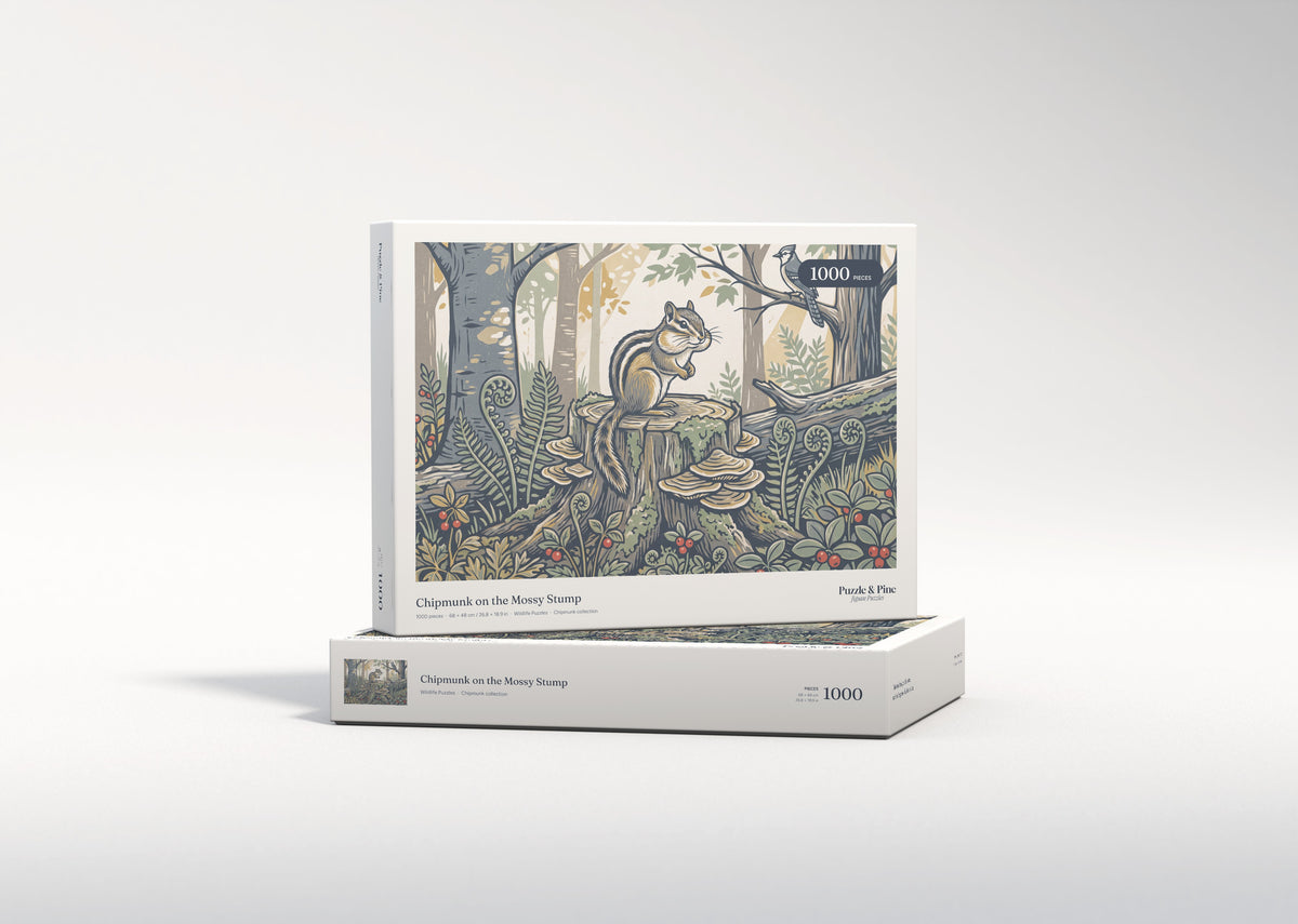 Chipmunk on the Mossy Stump jigsaw puzzle - gift box