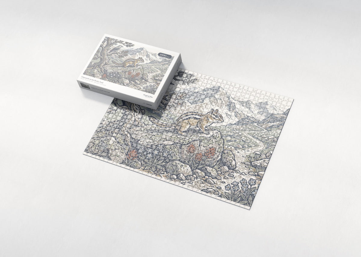Chipmunk on the Rocky Trail jigsaw puzzle - box and puzzle