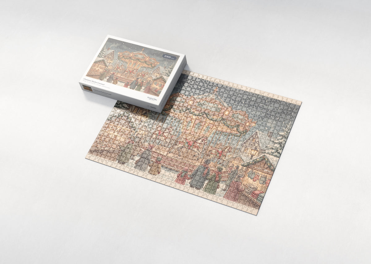 Christmas Market Carousel jigsaw puzzle - box and puzzle
