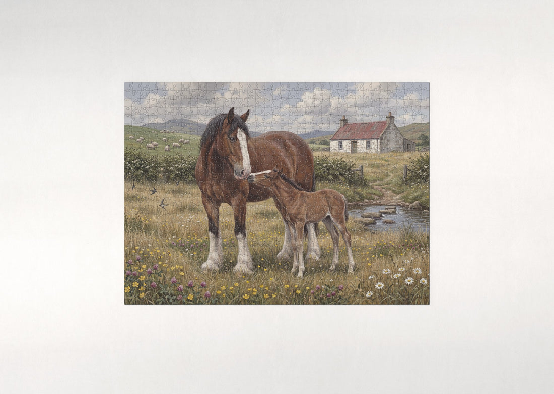 Clydesdale Mare and Foal in the Meadow jigsaw puzzle - gift box