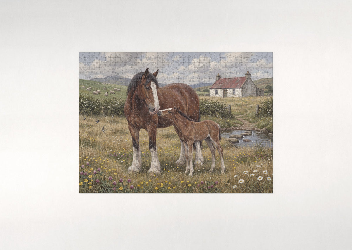 Clydesdale Mare and Foal in the Meadow jigsaw puzzle - flat puzzle