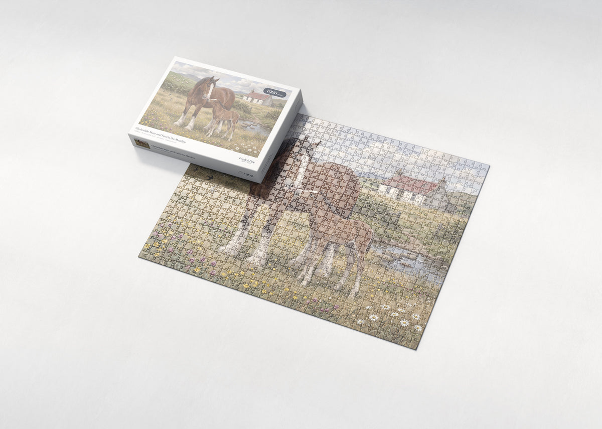 Clydesdale Mare and Foal in the Meadow jigsaw puzzle - box and puzzle
