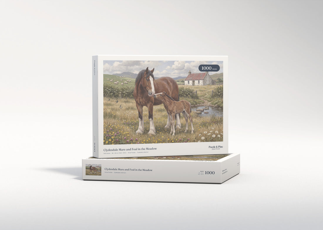 Clydesdale Mare and Foal in the Meadow jigsaw puzzle - gift box