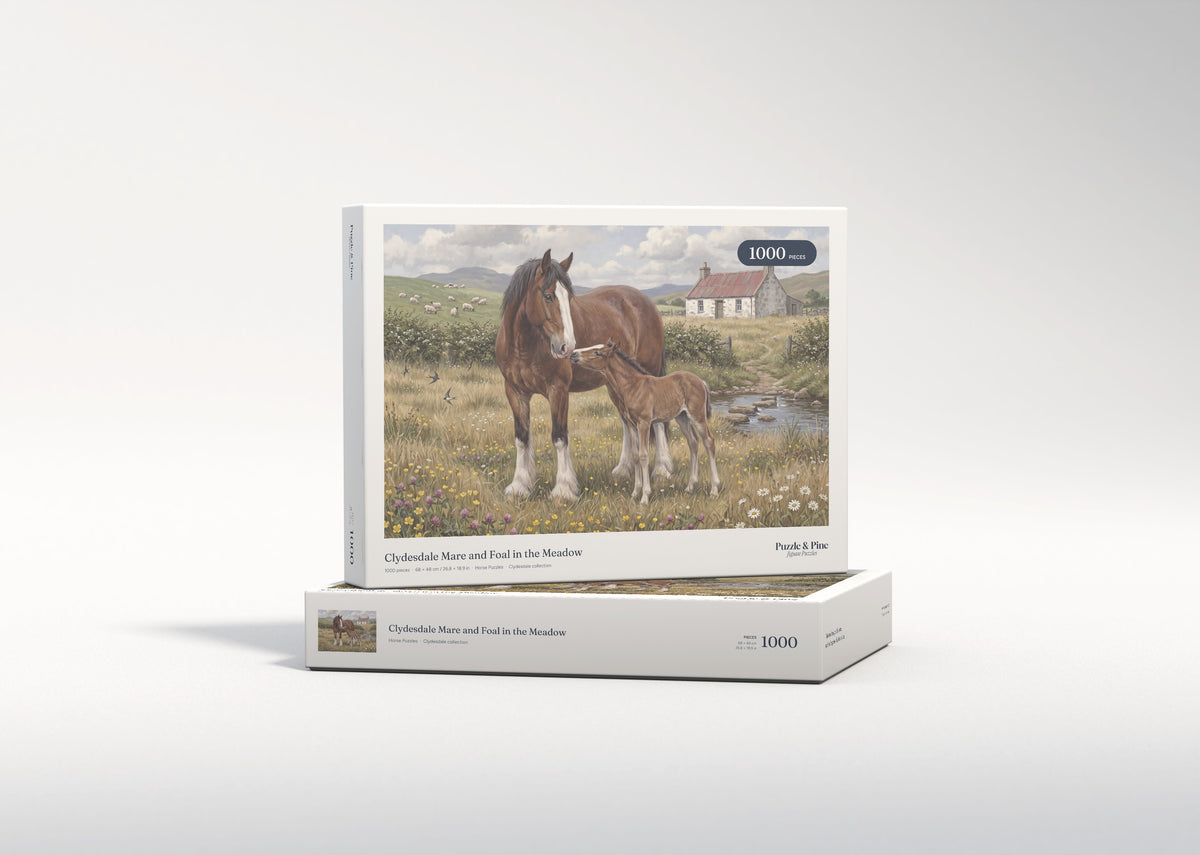 Clydesdale Mare and Foal in the Meadow jigsaw puzzle - gift box