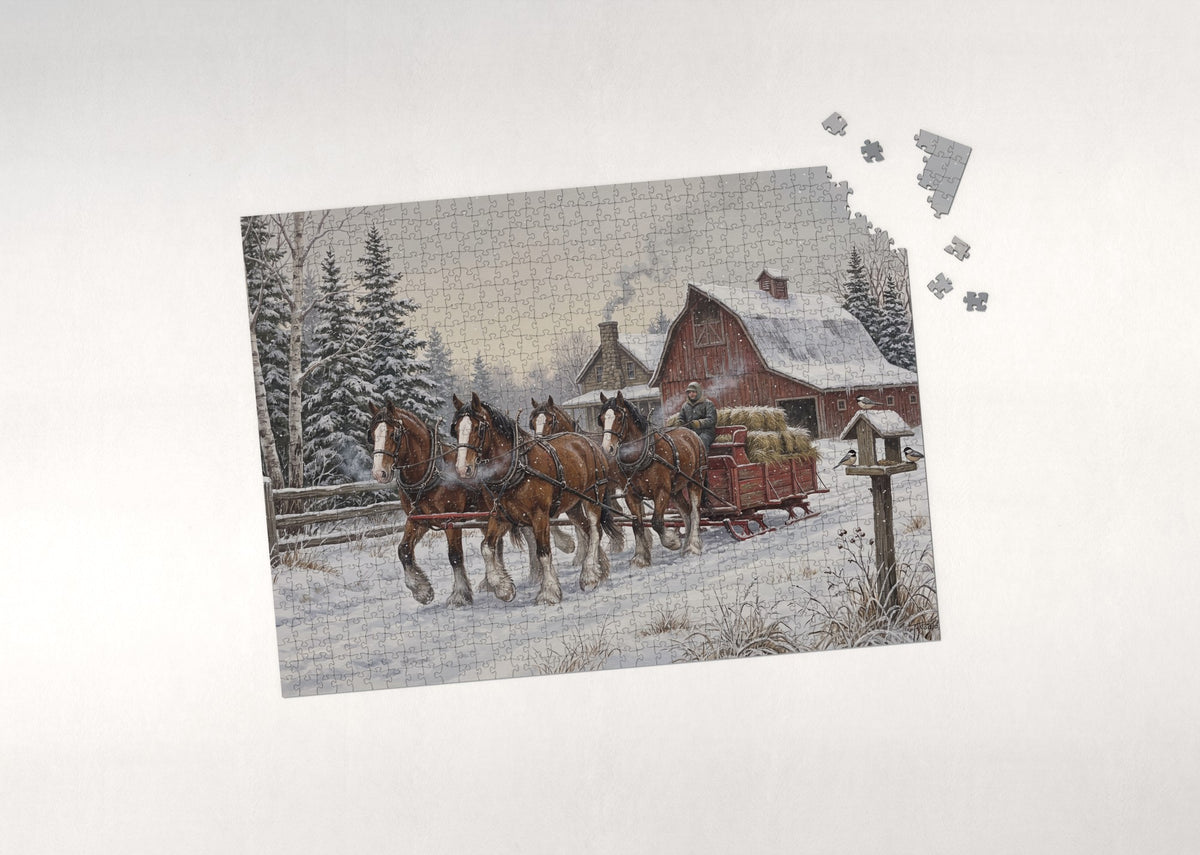 Clydesdale Team in the Winter Snow jigsaw puzzle - puzzle with loose pieces