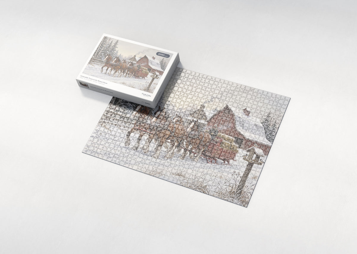 Clydesdale Team in the Winter Snow jigsaw puzzle - box and puzzle