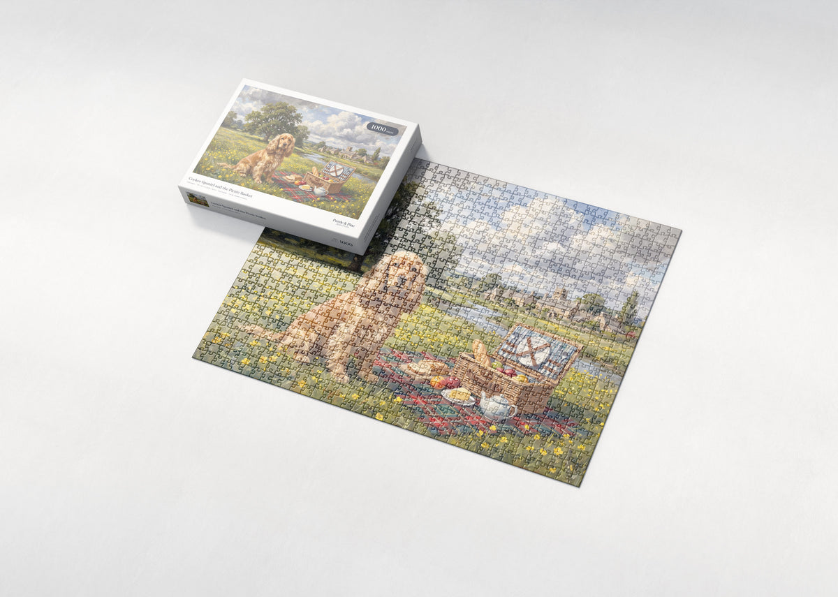 Cocker Spaniel and the Picnic Basket jigsaw puzzle - box and puzzle