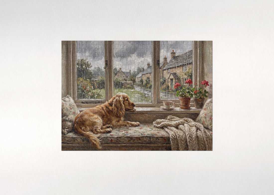 Cocker Spaniel at the Rainy Window jigsaw puzzle - gift box