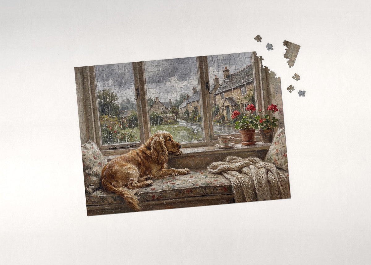 Cocker Spaniel at the Rainy Window jigsaw puzzle - puzzle with loose pieces