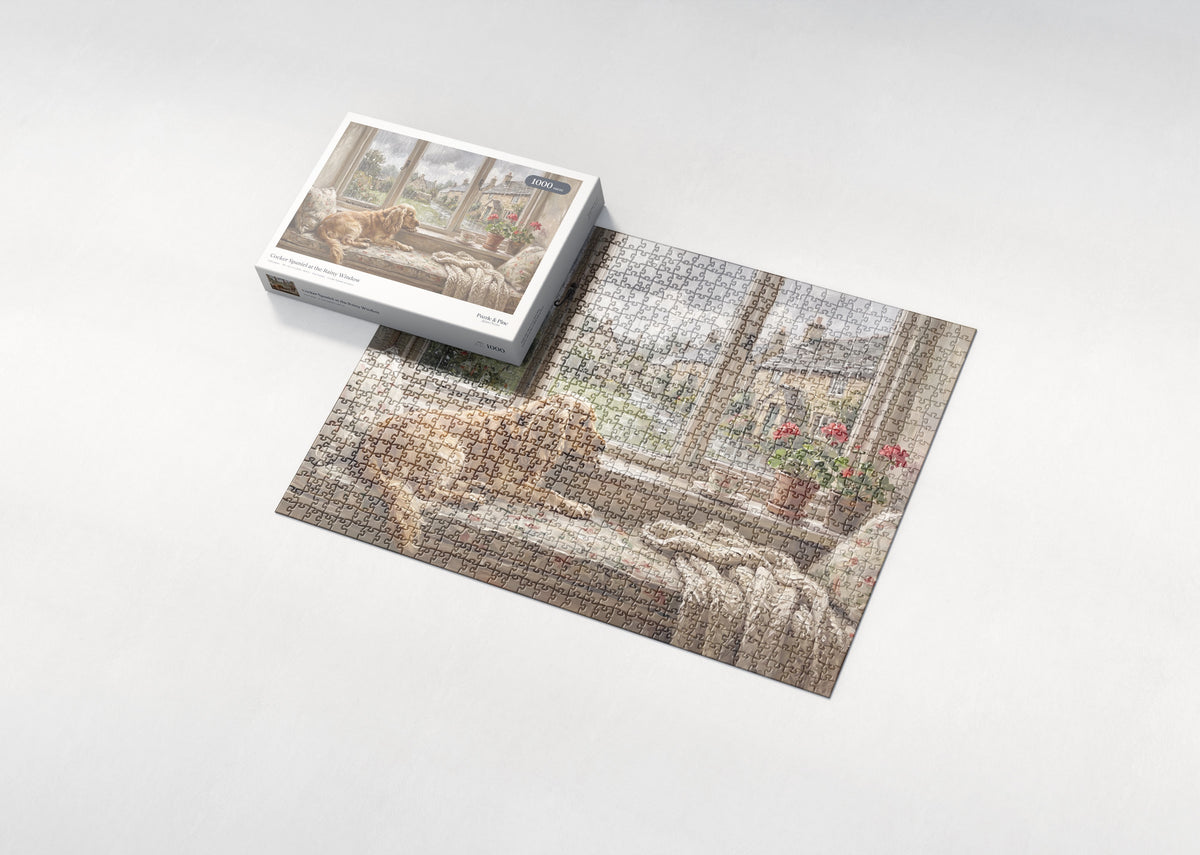 Cocker Spaniel at the Rainy Window jigsaw puzzle - box and puzzle