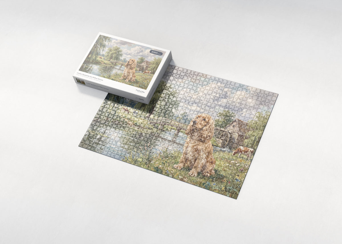Cocker Spaniel by the Willow Stream jigsaw puzzle - box and puzzle