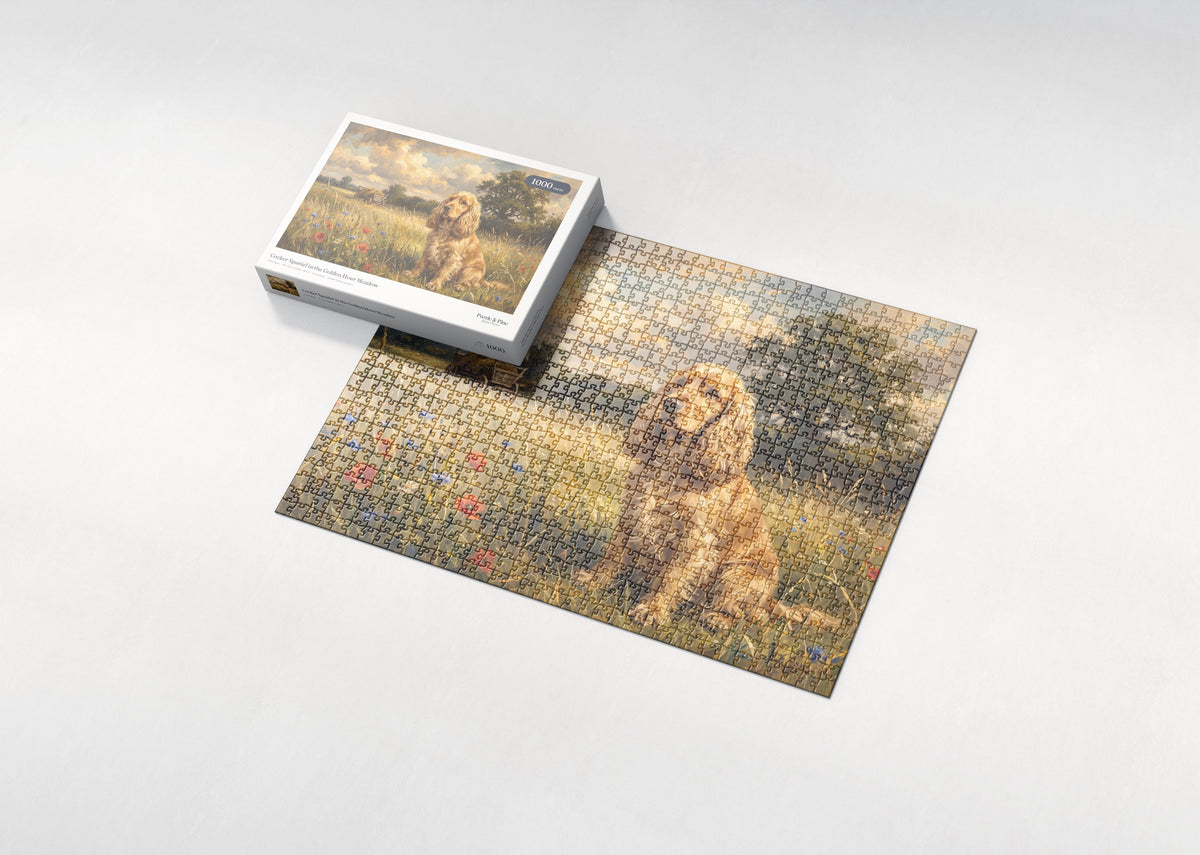 Cocker Spaniel in the Golden Hour Meadow jigsaw puzzle - box and puzzle