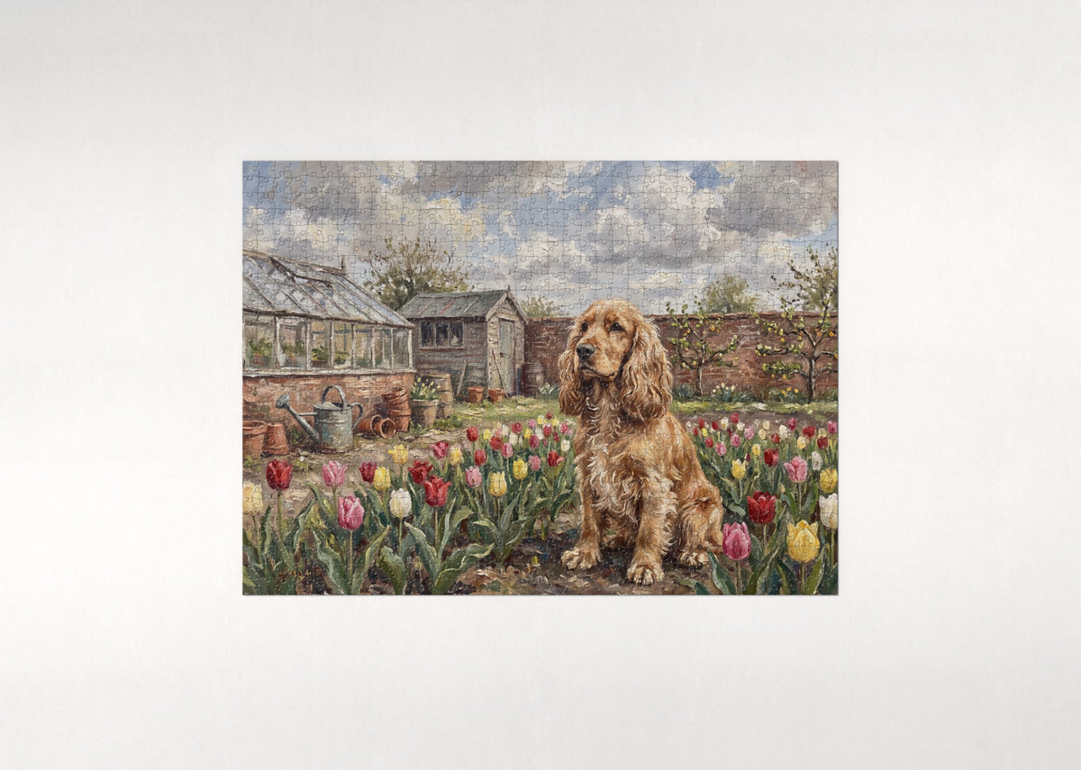 Cocker Spaniel in the Tulip Rows jigsaw puzzle - flat puzzle