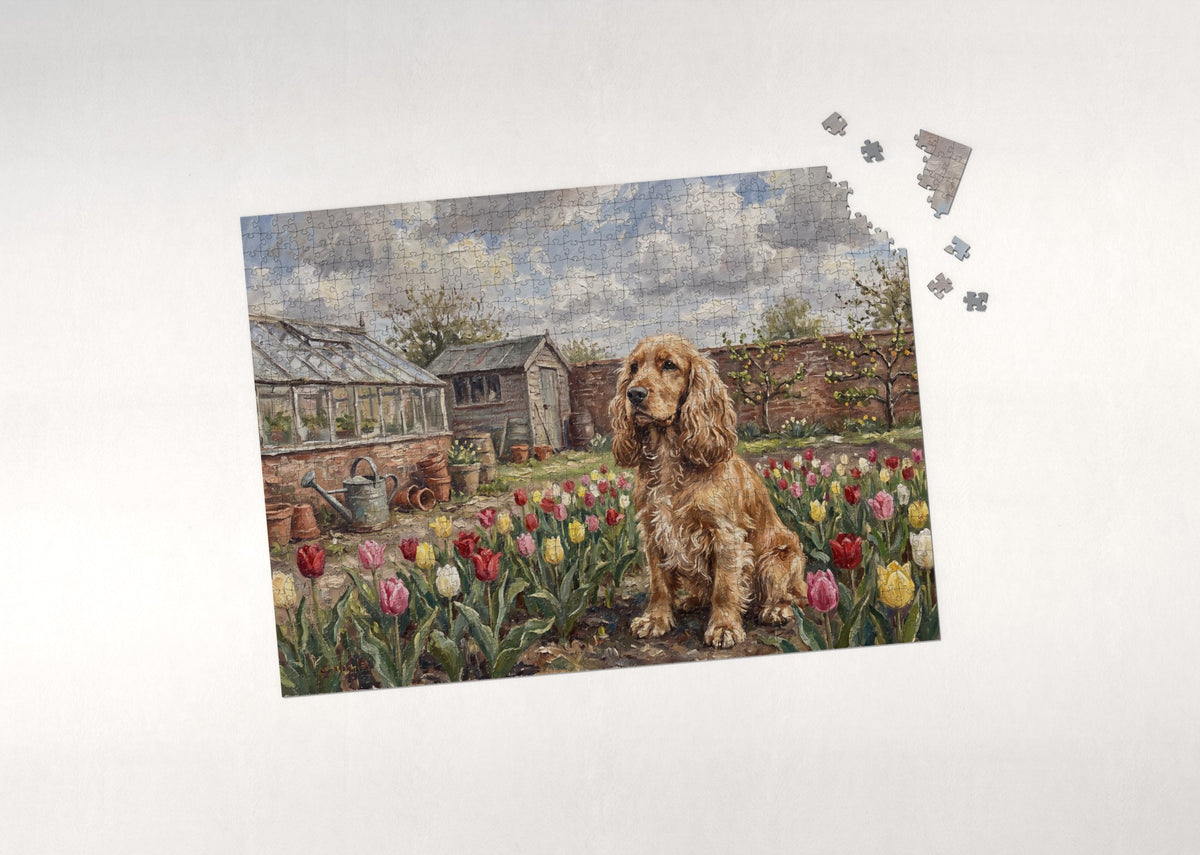 Cocker Spaniel in the Tulip Rows jigsaw puzzle - puzzle with loose pieces