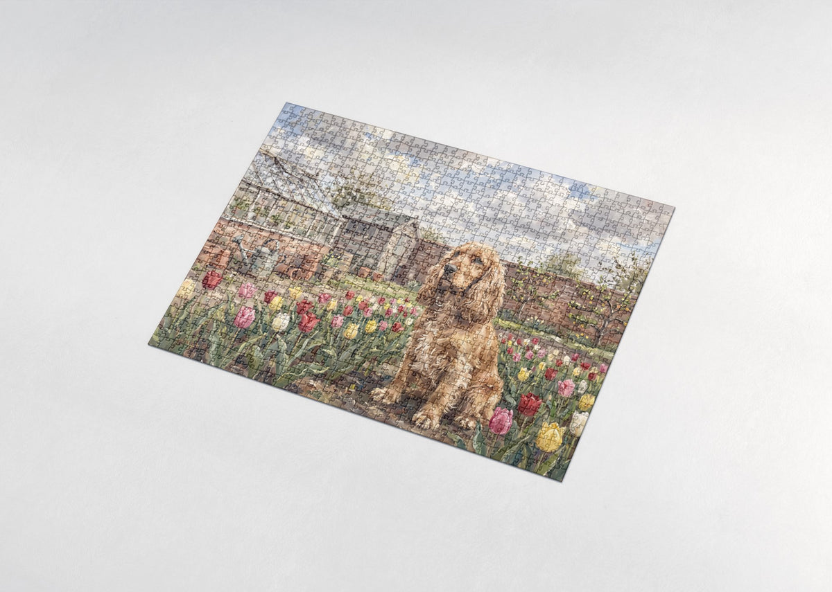 Cocker Spaniel in the Tulip Rows jigsaw puzzle - assembled puzzle