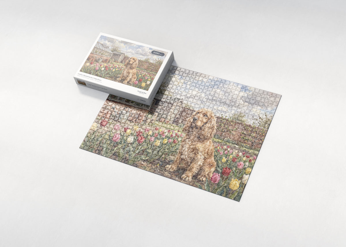 Cocker Spaniel in the Tulip Rows jigsaw puzzle - box and puzzle