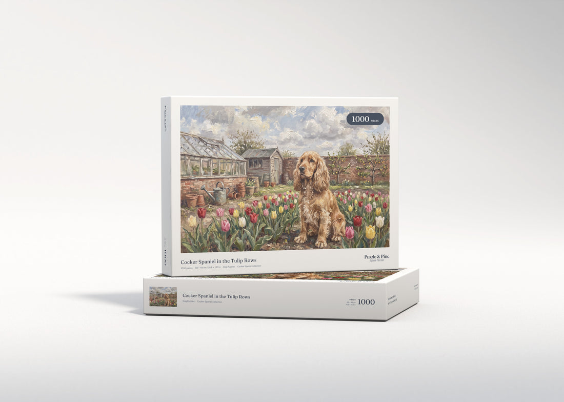 Cocker Spaniel in the Tulip Rows jigsaw puzzle - gift box