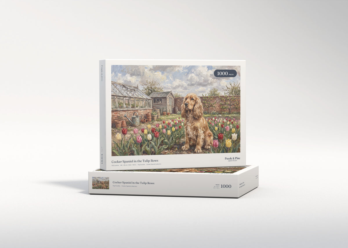 Cocker Spaniel in the Tulip Rows jigsaw puzzle - gift box