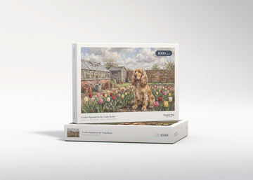 Cocker Spaniel in the Tulip Rows jigsaw puzzle - gift box