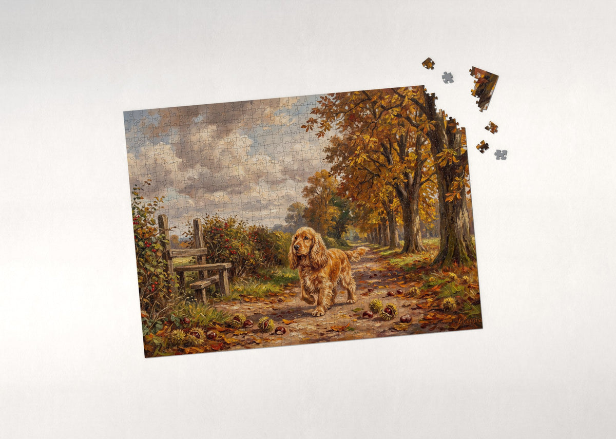 Cocker Spaniel on the Chestnut Path jigsaw puzzle - puzzle with loose pieces