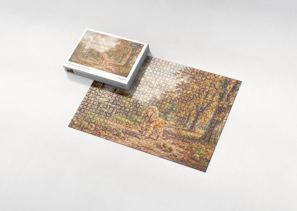 Cocker Spaniel on the Chestnut Path jigsaw puzzle - box and puzzle
