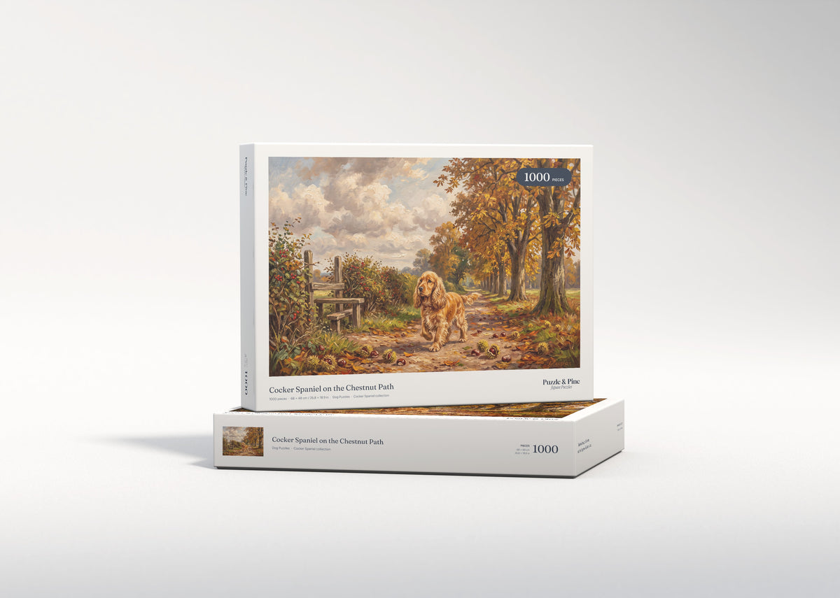 Cocker Spaniel on the Chestnut Path jigsaw puzzle - gift box