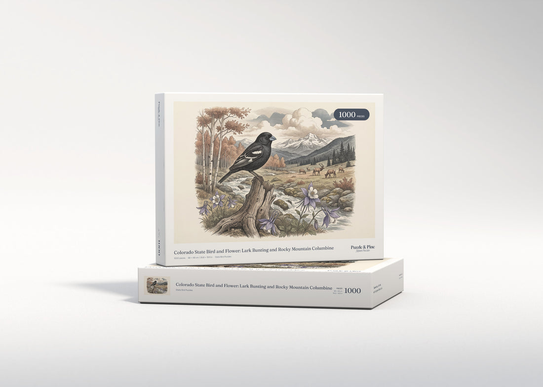 Colorado State Bird and Flower: Lark Bunting and Rocky Mountain Columbine jigsaw puzzle - gift box