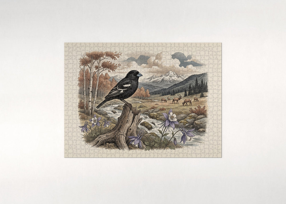 Colorado State Bird and Flower: Lark Bunting and Rocky Mountain Columbine jigsaw puzzle - flat puzzle