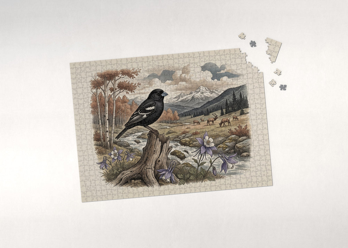 Colorado State Bird and Flower: Lark Bunting and Rocky Mountain Columbine jigsaw puzzle - puzzle with loose pieces