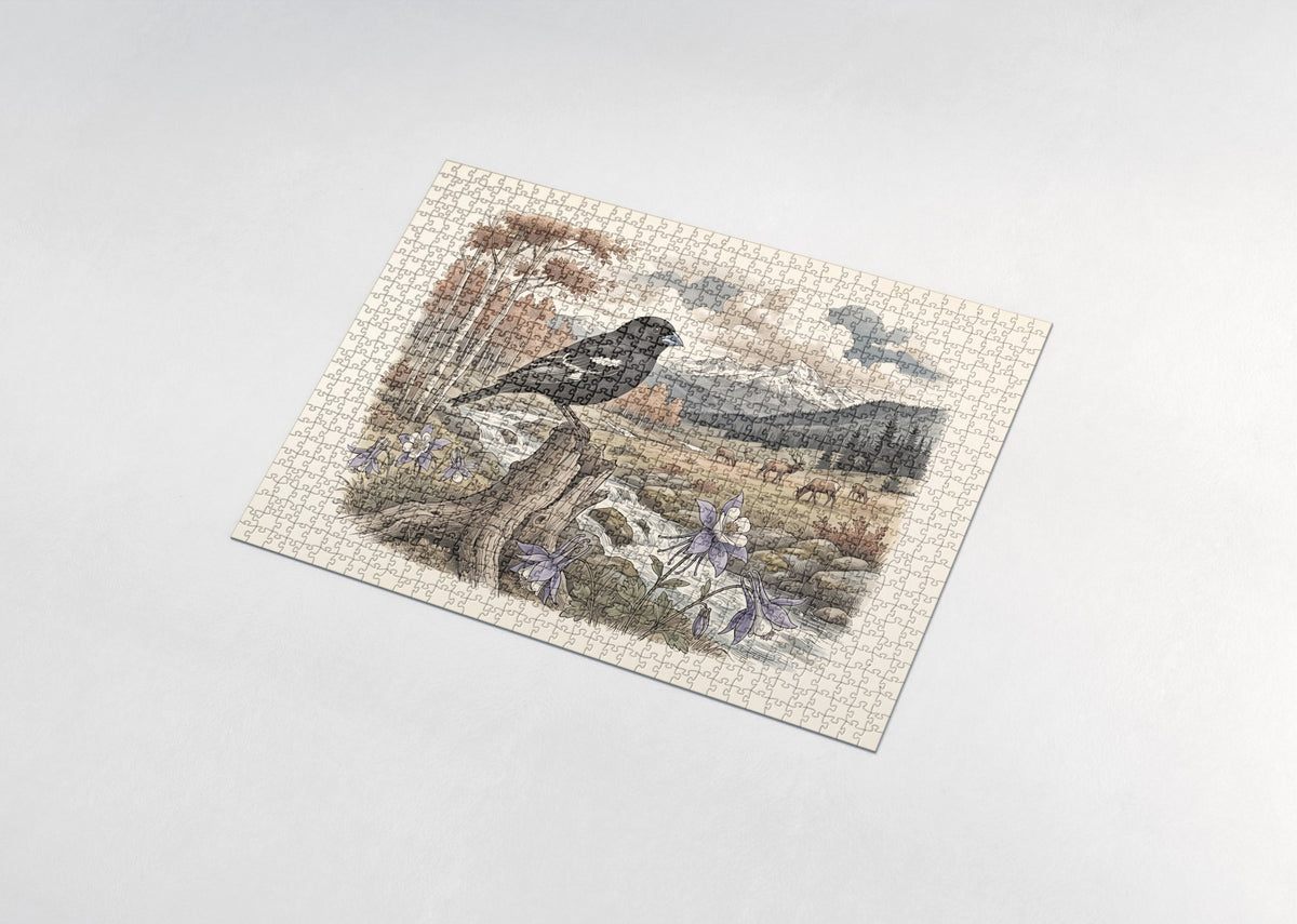 Colorado State Bird and Flower: Lark Bunting and Rocky Mountain Columbine jigsaw puzzle - assembled puzzle