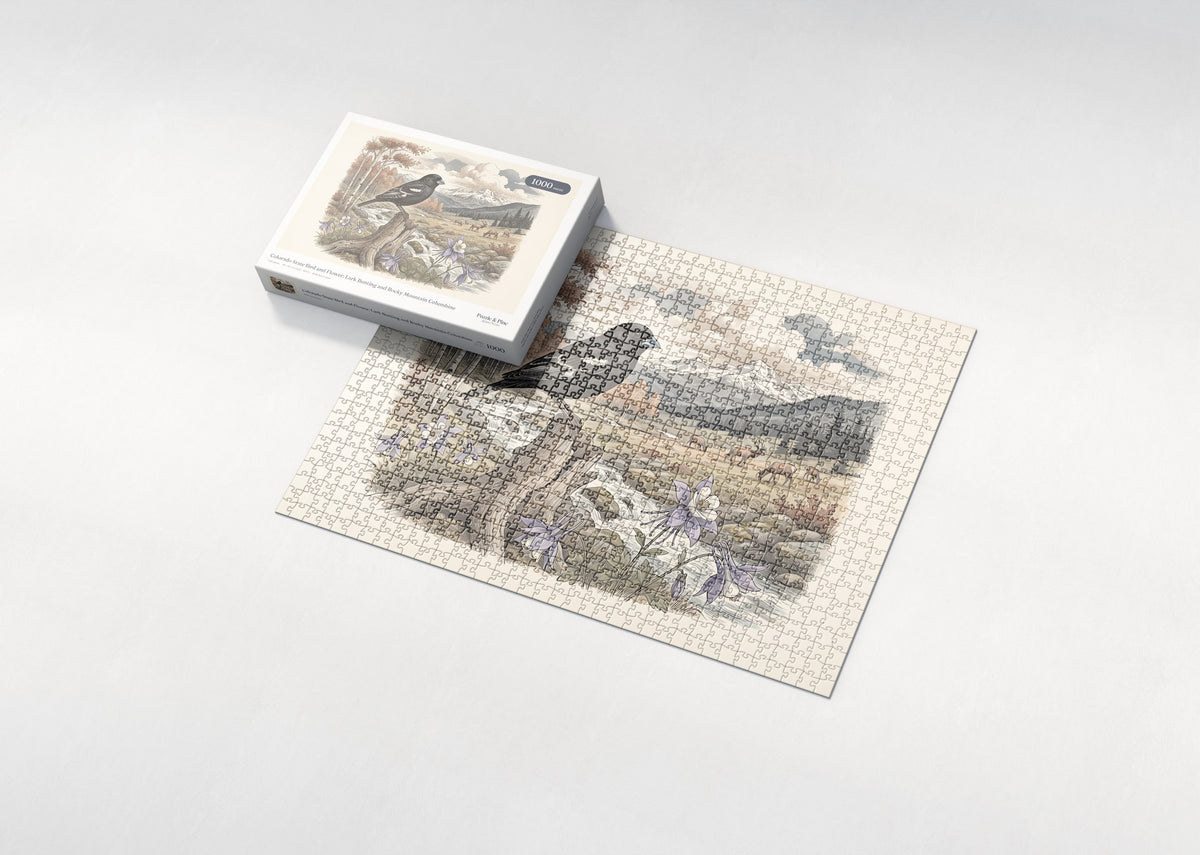 Colorado State Bird and Flower: Lark Bunting and Rocky Mountain Columbine jigsaw puzzle - box and puzzle