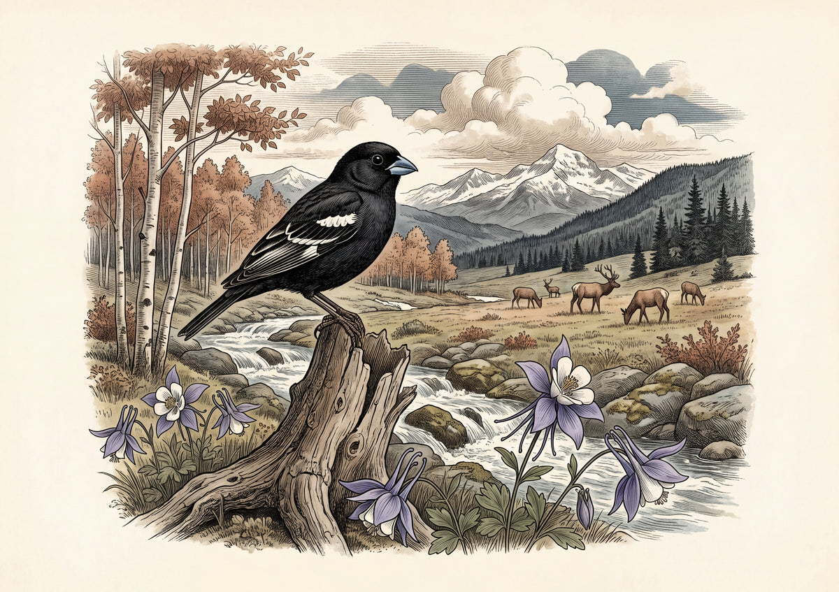 Colorado State Bird and Flower: Lark Bunting and Rocky Mountain Columbine jigsaw puzzle