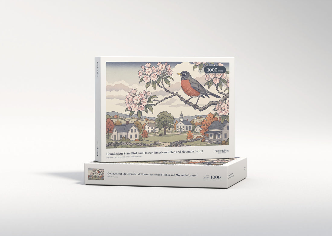 Connecticut State Bird and Flower: American Robin and Mountain Laurel jigsaw puzzle - gift box