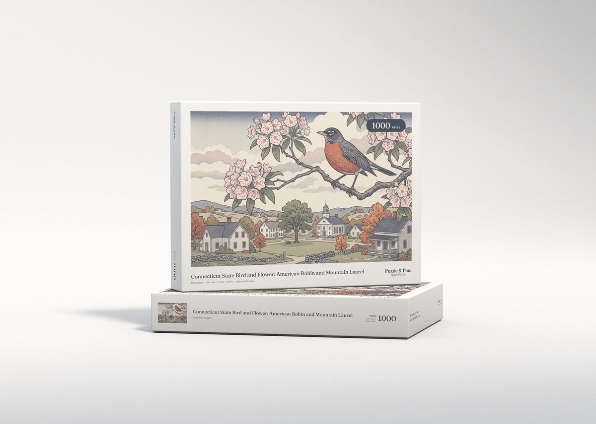 Connecticut State Bird and Flower: American Robin and Mountain Laurel jigsaw puzzle - gift box